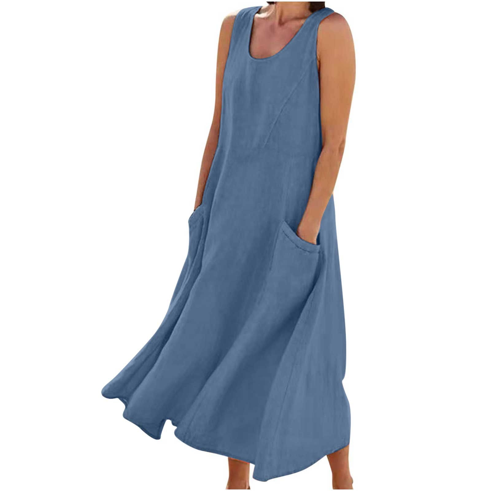 Women's Summer Sleeveless Cotton Tank Dress - Loose Swing Fit With Pockets, Scoop Neck Casual Dress - View #11