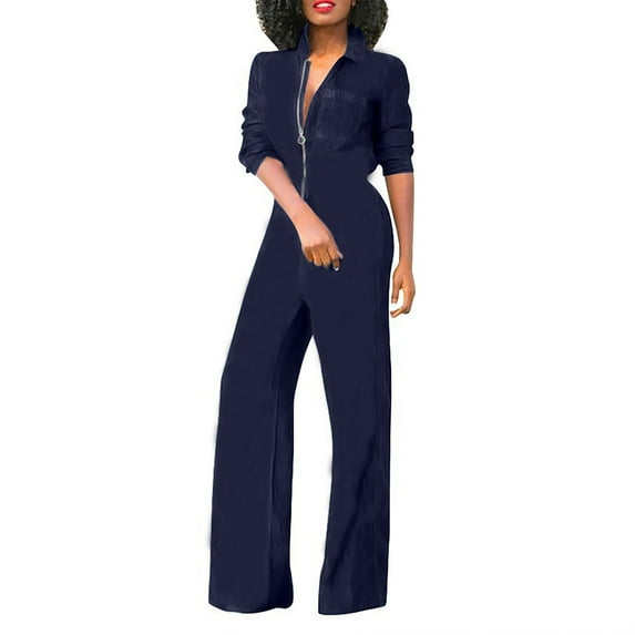 Women 2024 Summer Clearance Jumpsuit Loose V Neck Solid Jumpsuits Wide Leg Jumpsuit Casual Straight Trousers Business Romper formal Bodysuit Long Sleeve Zipper Suspender Jumpsuit Wyongtao