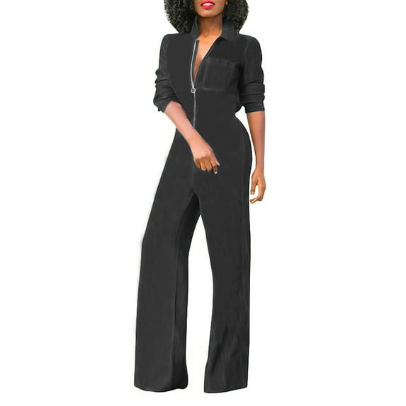 Women 2024 Summer Clearance Jumpsuit Loose V Neck Solid Jumpsuits Wide Leg Jumpsuit Casual Straight Trousers Business Romper formal Bodysuit Long Sleeve Zipper Suspender Jumpsuit Wyongtao