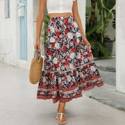 Women 2024 Summer Clearance Spring Long Skirts Dress Floral Print Elastic Waist Ruffle Beach Maxi Skirt Bohemian Swing A-Line Skirts Wyongtao