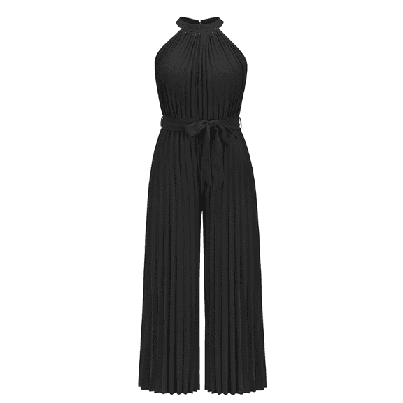Women 2024 Summer Halter Neck Sleeveless Pleated High Waist Belted Dressy Wide Leg Pant One Piece Jumpsuits Romper