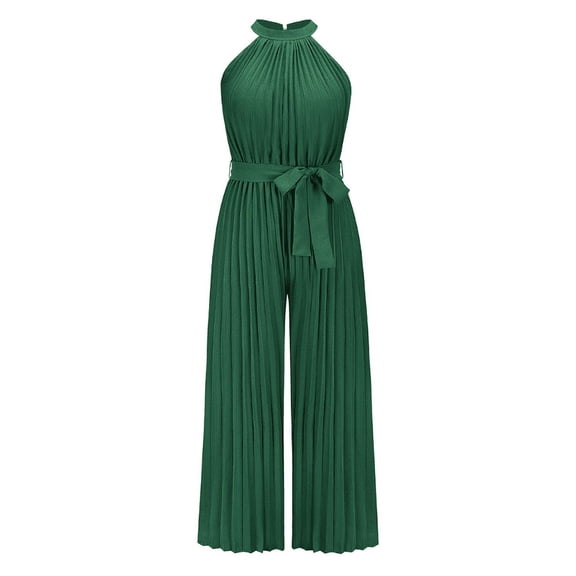 Women 2024 Summer Halter Neck Sleeveless Pleated High Waist Belted Dressy Wide Leg Pant One Piece Jumpsuits Romper