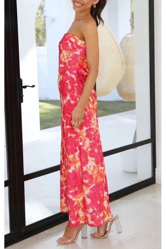 Women 2024 Summer Strapless Satin Tube Bodycon Backless Wedding Guest Maxi Dress