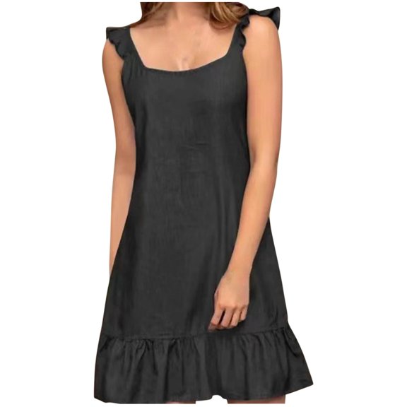 Women 2024 Summer Women's Fallow Solid Color Fallow Loose Flounce Camisole Dresses Short Sleeve Ruffle Hem Split Beach Midi Dresses Avalible in Plus Size