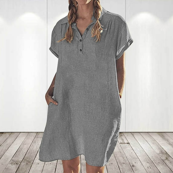 Women 2024 Summer Women's Fashion Casual Cotton and Linen Short Sleeve Lapel Button Solid Color Dress Cute Short Sleeve High Waist A-Line Sundress Midi Dresses 2098