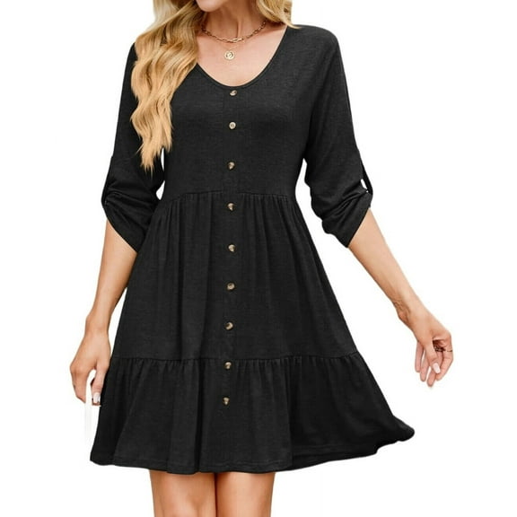 Women 2025 Casual Button Down Summer Fall Dresses Half Sleeve Crew Neck Solid High Waist Tunic Mini Dress Black XL