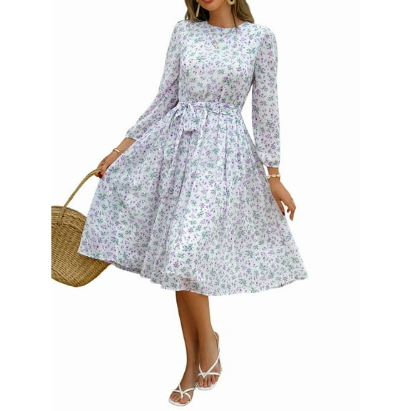 Women 2025 Fall Casual Long Sleeve Crew Neck A-Line Flowy Floral Boho Wedding Guest Maxi Dresses Flowers XL