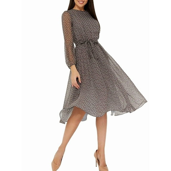 Women 2025 Fall Dress Floral Casual Long Sleeve Crew Neck A-Line Flowy Floral Boho Wedding Guest Maxi Dresses Coffee Color M