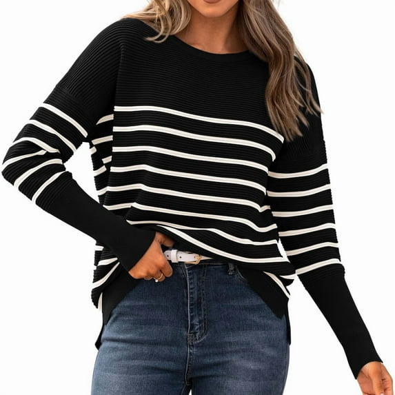 Women 2025 Fall Sweater Long Sleeve Ribbed Knit Pullover Loose Crewneck Batwing Split Sweater Black & White M
