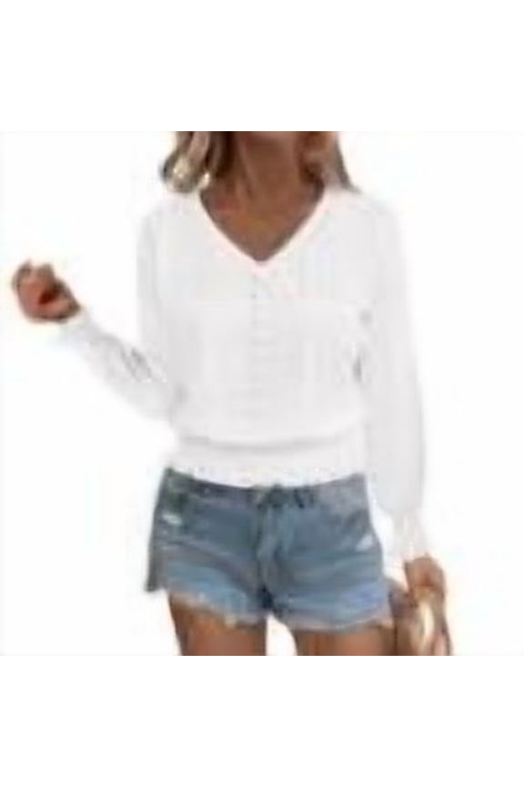 Women 2025 Fall Winter V-Neck Pleated Puff Sleeve Shirts Fashion Lotus Leaf Hem Tops Lightweight Soft Casual Plain Blouse Top