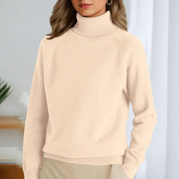 Women 2025 Fashion Pullover Sweater Turtleneck Neck Long Sleeve Shirts Blouse Knit Casual Cozy Top Beige M