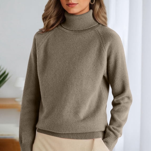 Women 2025 Fashion Pullover Sweater Turtleneck Neck Long Sleeve Shirts Blouse Knit Casual Cozy Top Light Brown S