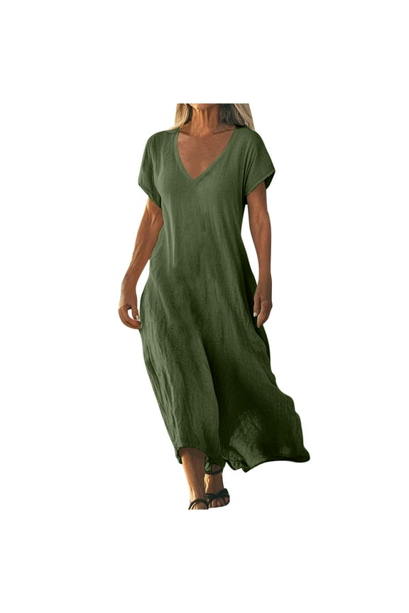 Women 2025 Flowy V Neck Maxi Dress - Cotton Linen Summer Sundress,Boho Beach Wear & Casual Vacation Travel Outfit (Short Sleeve/Sleeveless)