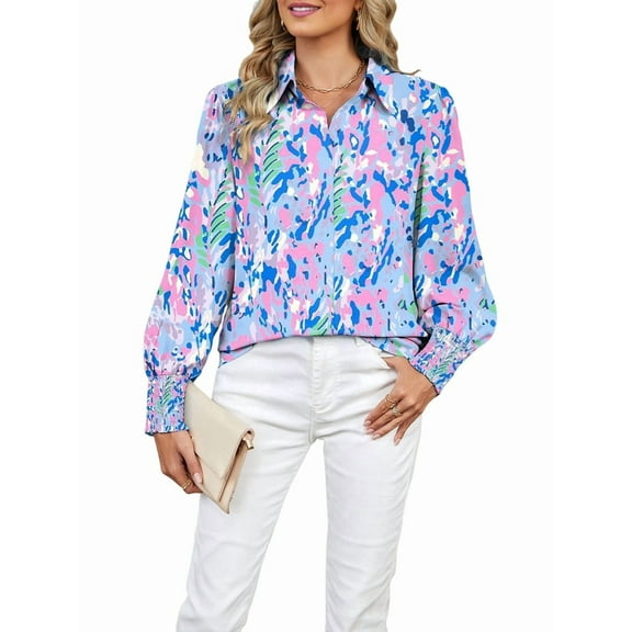 Women 2025 Loose V-Neck Shirts Print Lantern Sleeve Blouse Boho Tops Little Blue Flower L