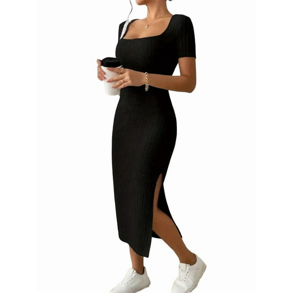 Women 2025 Summer Ribbed Short Sleeve Bodycon Maxi Dress Side Slit Knit Square Neck Long Sundress