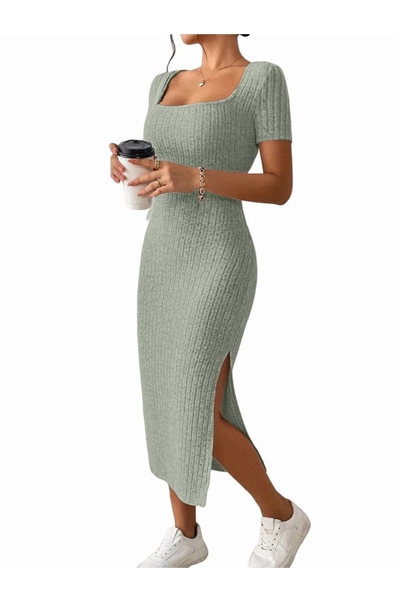Women 2025 Summer Ribbed Short Sleeve Bodycon Maxi Dress Side Slit Knit Square Neck Long Sundress Green L