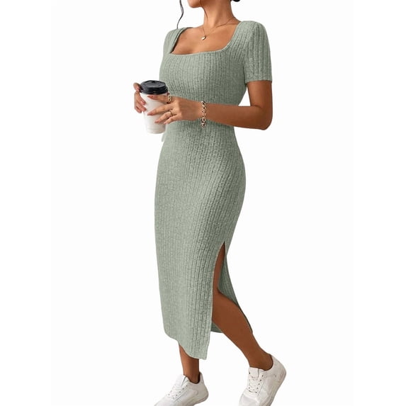 Women 2025 Summer Ribbed Short Sleeve Bodycon Maxi Dress Side Slit Knit Square Neck Long Sundress Green XL