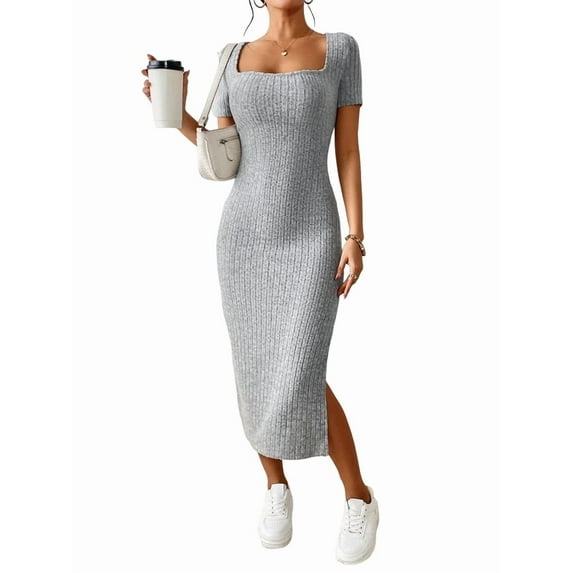 Women 2025 Summer Ribbed Short Sleeve Bodycon Maxi Dress Side Slit Knit Square Neck Long Sundress Light Gray L