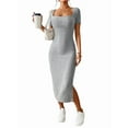 thumbnail image 1 of Women 2025 Summer Ribbed Short Sleeve Bodycon Maxi Dress Side Slit Knit Square Neck Long Sundress Light Gray XS, 1 of 7
