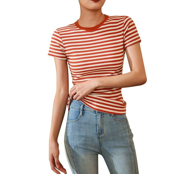 Women 2025 Summer Short Sleeve Striped T Shirts Crewneck Slim Fit Blouse Spring Fashion Cotton Crop Tops