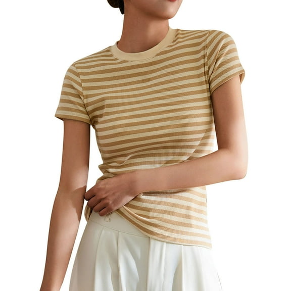 Women 2025 Summer Short Sleeve Striped T Shirts Crewneck Slim Fit Blouse Spring Fashion Cotton Crop Tops