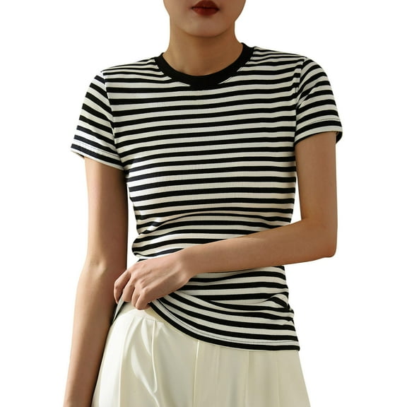 Women 2025 Summer Short Sleeve Striped T Shirts Crewneck Slim Fit Blouse Spring Fashion Cotton Crop Tops