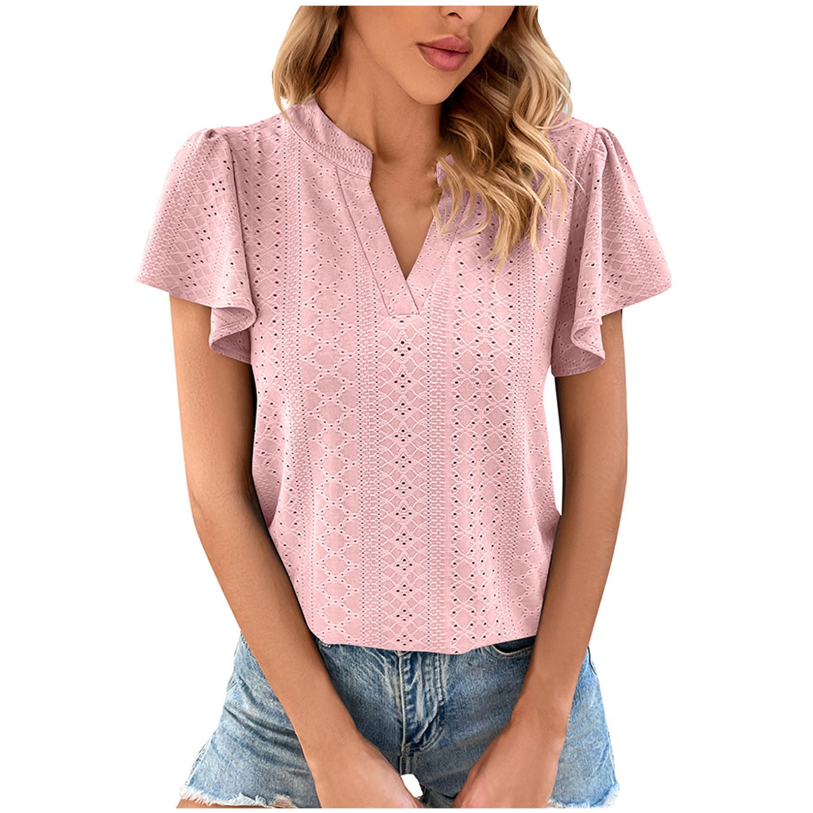 Women Summer Tops V Neck Ruffle Short Sleeve Eyelet Blouse Solid Color ...
