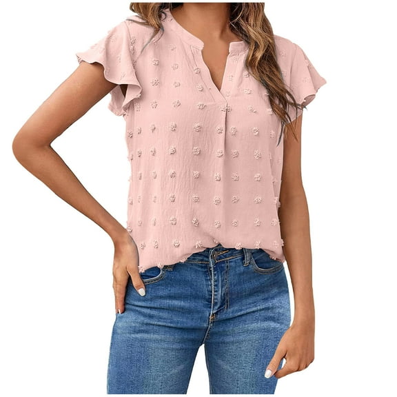 Women 2025 Summer V Neck Blouse Ruffle Short Sleeve Swiss Dot Flowy Shirts Dressy Casual Wrk Business Shirts Tops
