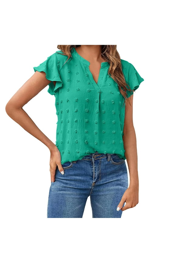 Women 2025 Summer V Neck Blouse Ruffle Short Sleeve Swiss Dot Flowy Shirts Dressy Casual Wrk Business Shirts Tops
