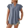 thumbnail image 1 of Women 2025 Summer V Neck Ruffle Short Sleeve Blouse Dot Flowy Shirt Tunic Top Blue L, 1 of 4