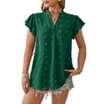 thumbnail image 1 of Women 2025 Summer V Neck Ruffle Short Sleeve Blouse Dot Flowy Shirt Tunic Top Dark Green XL, 1 of 4