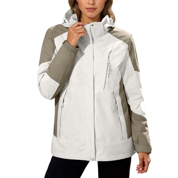 Women 2026 Fall Jacket Detachable Hooded Color Block Windbreaker Outdoor Raincoat Hiking Softshell Lightweight Coats Beige