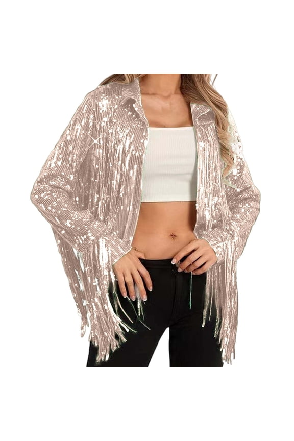 Women 2026 Fall Jacket Glitter Fringe Sequin Sparkly Night Out Party Carnival Open Front Lightweight Jackets Pink