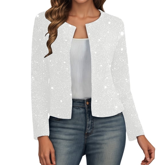 Women 2026 Fall Jacket Metallic Sequin Print Long Sleeve Cardigan Open Front Slim Blazer White
