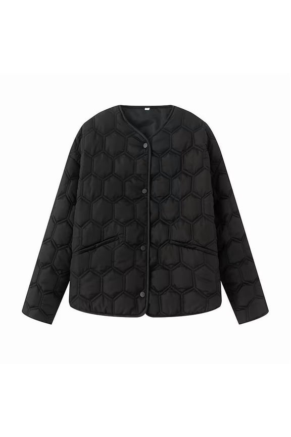 Women 2026 Fall Jacket Solid Quilted Theraml Button Up Padded with Pocket Outerwear Jackets Black