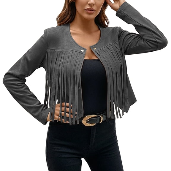 Women 2026 Fall Jacket Solid Suede Fringe Button Open Front Cardigan Slim Fit Cropped Outwears Coats Gray