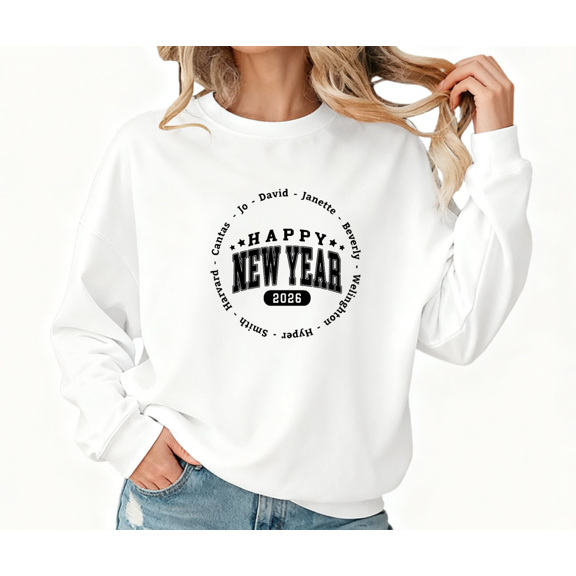 Women 2026 Happy New Year Name Theme Graphic Tee T Shirt Classic Text Pattern Tops Round-neck long-sleeved White S-3XL