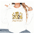 thumbnail image 1 of 2026 Happy New Year Top Hat Theme Balloon Graphic Tee T Shirt Gold Pattern Tops Fashion Hooded long-sleeved White S-2XL, 1 of 6