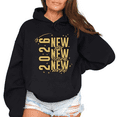 thumbnail image 1 of Women 2026 New Year Blessings Theme Graphic Tee T Shirt Festive Gold Pattern Tops Hooded long-sleeved Black S-2XL, 1 of 7