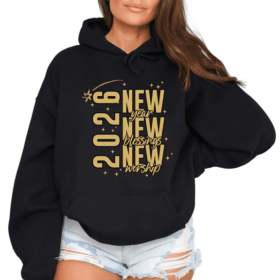 Women 2026 New Year Blessings Theme Graphic Tee T Shirt Festive Gold Pattern Tops Hooded long-sleeved Black S-2XL