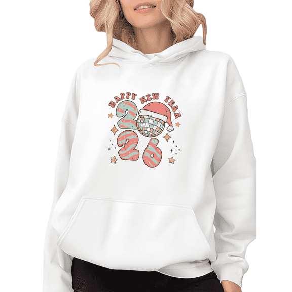Women 2026 New Year Donut Disco Theme Graphic Tee T Shirt Top Pink Blue Pattern Top Hooded long-sleeved White S-2XL