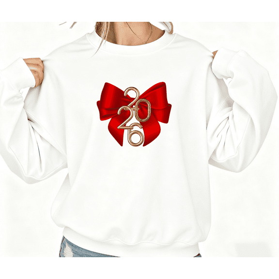 Women 2026 New Year Red Bow Theme Gold Glitter Graphic Commuting Tee T Shirt Top Round-neck long-sleeved white S-3XL