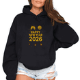 thumbnail image 1 of Women 2026 New Year Round Neck Printed Cotton Hooded Long-Sleeved Graphic Tees Tops Black Gold Party Element Letter Black S-2XL, 1 of 7