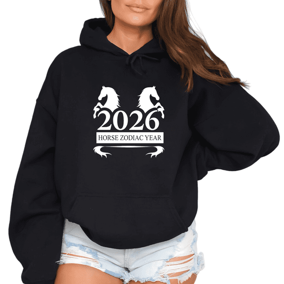 Women 2026 New Year Round Neck Printed Cotton Hooded Long-Sleeved Graphic Tees Tops White Black Horse Zodiac Number Party Black S-2XL