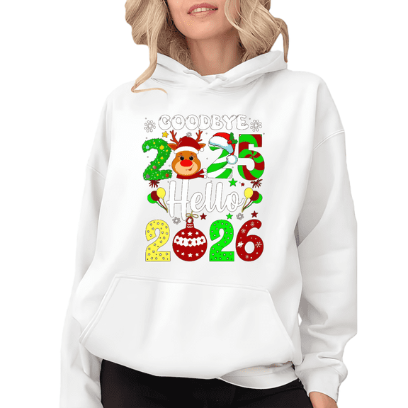 Women 2026 New Year Round Neck Printed Cotton Hooded Long-Sleeved Graphic Tees Tops White Colorful Christmas Reindeer Number New Year Party White S-2XL