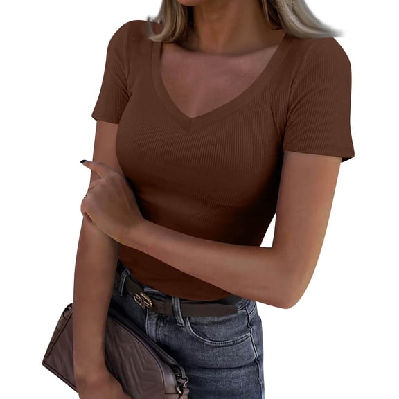 Women 2026 Spring Tops Trendy Ribbed Short Sleeve V Neck Fitted Basic Tee Shirts Casual Going Out Summer Outfits Coffee S