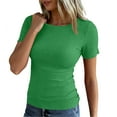 thumbnail image 1 of Women 2026 Summer Crew Neck Short Sleeve Tops Ribbed Knit Slim Fit Fashion Basic Tee Shirts Casual Going Out Top #03Green L, 1 of 5