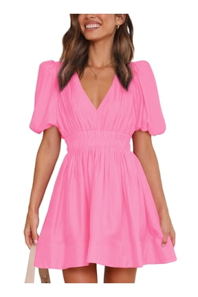 Women 2026 Summer Mini Dress Puff Short Sleeve Sexy V Neck A Line Elastic High Waist Flowy Swing Dresses