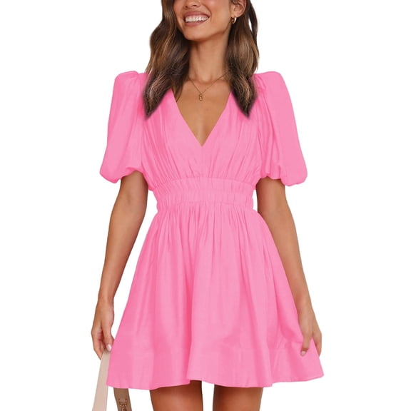 Women 2026 Summer Mini Dress Puff Short Sleeve Sexy V Neck A Line Elastic High Waist Flowy Swing Dresses