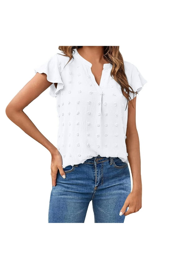 Women 2026 Summer V Neck Ruffle Short Sleeve Blouse Swiss Dot Flowy Shirt Tunic Top